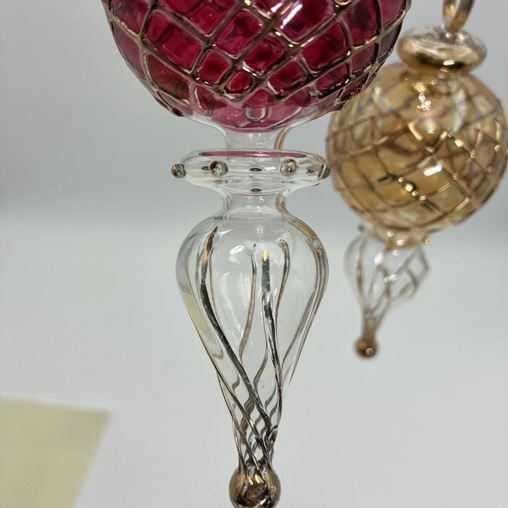 Vintage Hand Blown Glass Finial Christmas Ornaments Red Gold Lattice Set of 2
